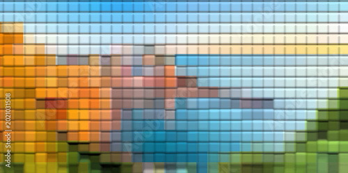 Abstract Coastal Landscape Pixel Mosaic Background with Blue Ocean and Autumn Trees, Artistic Digital Nature Texture for Creative Wallpaper Design