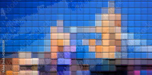 Abstract Pixelated City Skyline Background with Blue Night Sky and Modern Urban Lights, Artistic Digital Mosaic Texture for Creative Design