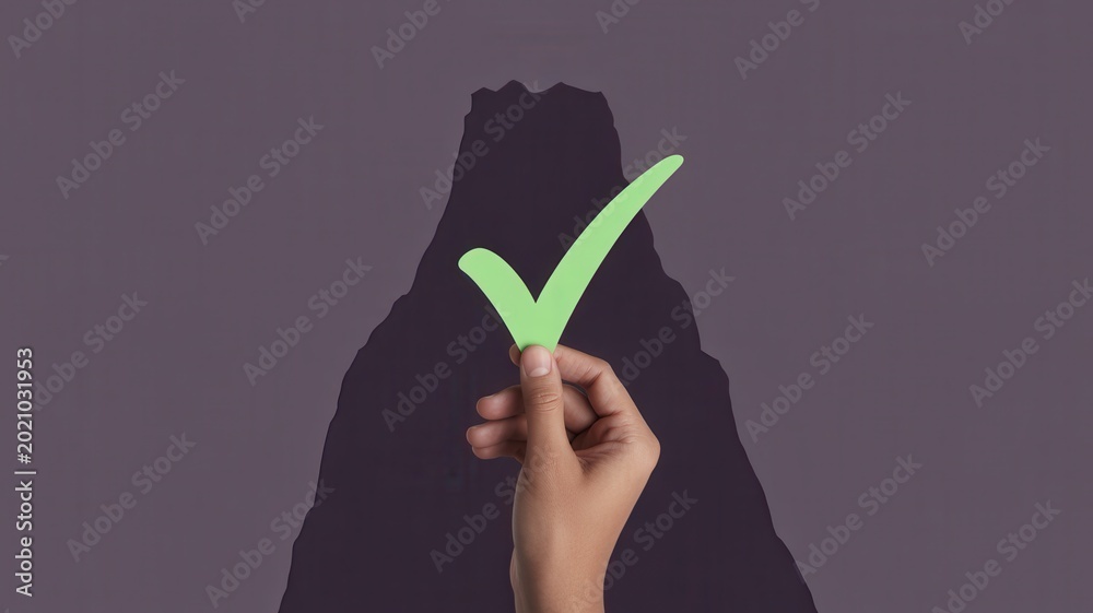 Fototapeta premium A hand holds a green checkmark in front of a dark mountain.