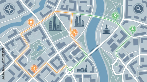 Canvas-taulu City Map Navigation Route with Landmarks and Points of Interest.