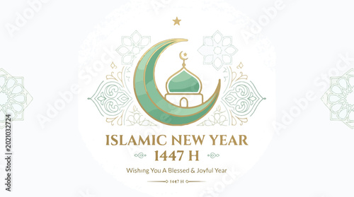 Islamic New Year 1448 celebration with mosque and crescent moon, Muharram festivities