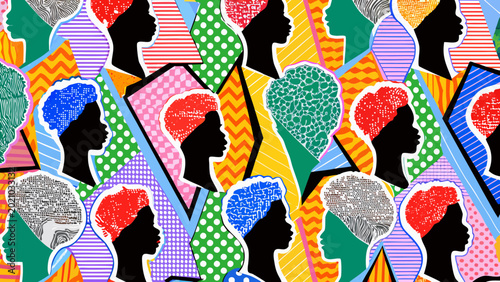 Принти на полотні seamless pattern of female profile silhouettes with colorful abstract geometric