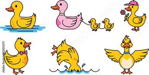 Bild auf Leinwand Cute Duck Icon Set with Swimming Ducks, Ducklings, Pink Ducks, and Ducks with Ac