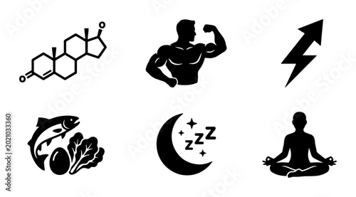 Bild auf Leinwand Health and Fitness Icons: Testosterone Molecule, Muscular Man, Energy Bolt, Heal