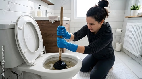 Woman in blue gloves plunging clogged toilet with plunger, bathroom scene