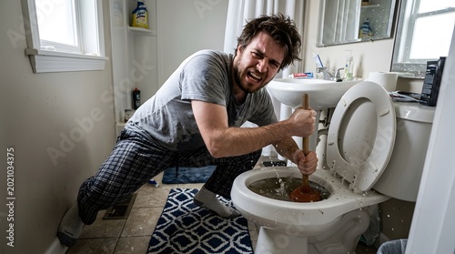 Man desperately plunging overflowing toilet in a bathroom, water splashing everywhere, frustration and struggle