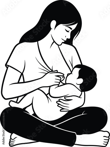Mother Breastfeeding Baby Sitting on Floor Black and White Vector