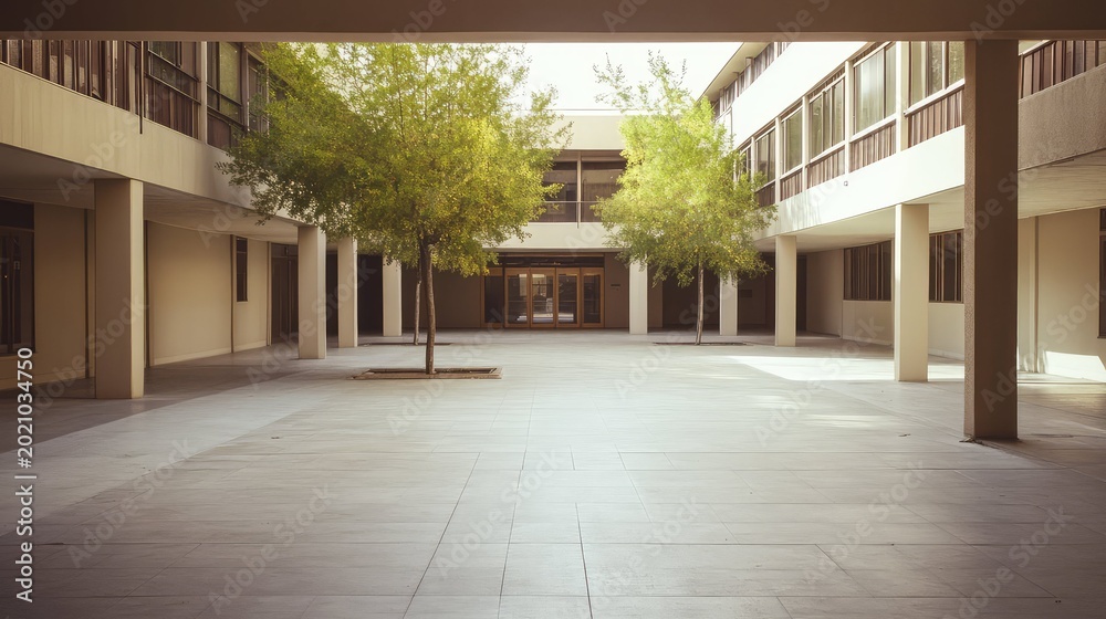 Fototapeta premium Spacious urban courtyard featuring contemporary building architecture, clean lines, and shade, creating a peaceful public space with natural light and minimalist design elements