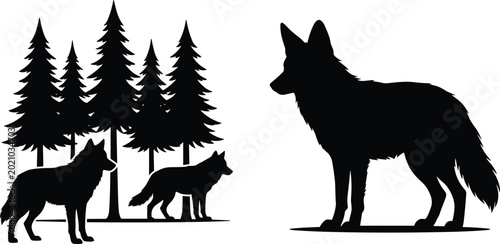 Quadro em tela Wolf Silhouette Set with Forest, Trees, and Lone Wolf for Wildlife, Nature, and