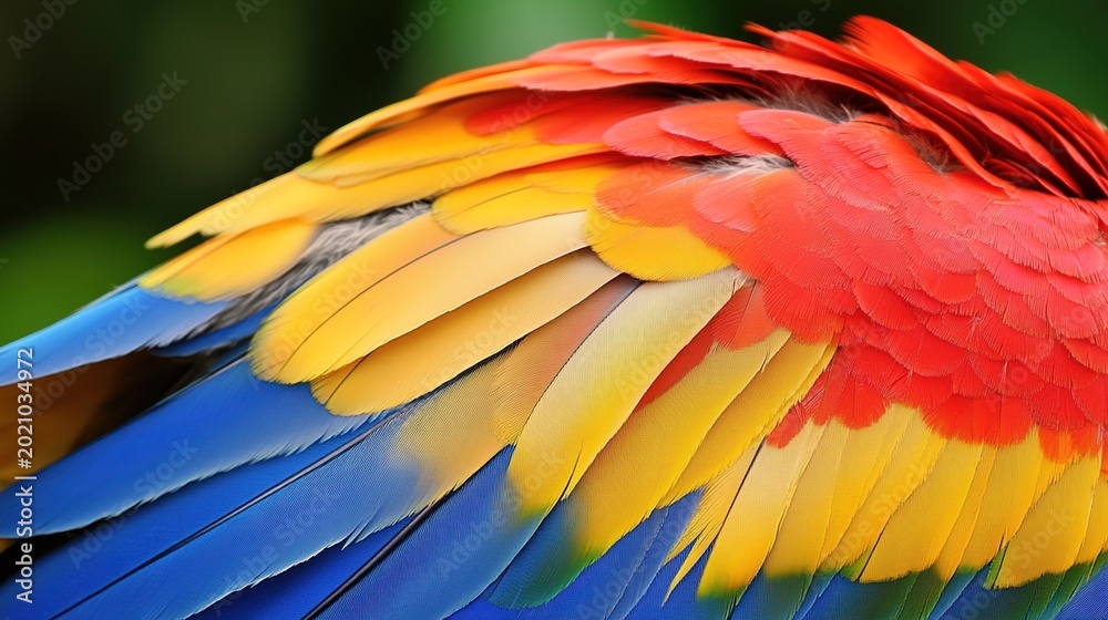Obraz premium synchronized. Vibrant parrot feathers in a tropical rainforest, with synchronized motion and waterfall mist. wildlife magazines.