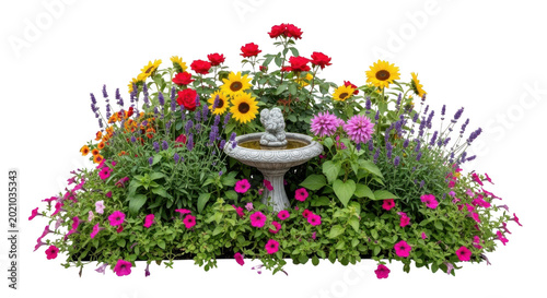 Flower garden with stone fountain and colorful blooms on transparent background high quality