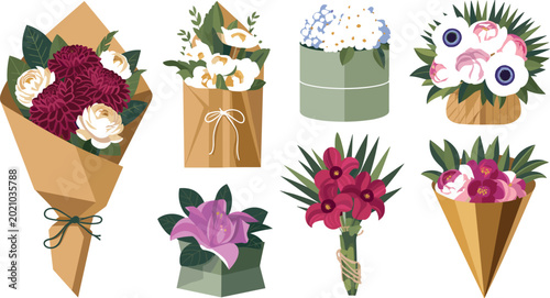 Foto Elegant Flower Bouquets and Floral Gift Arrangements Vector Icon Set with Peonie