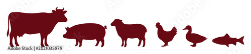 Photos Farm animal silhouettes in dark red, livestock and poultry icons for butchery an