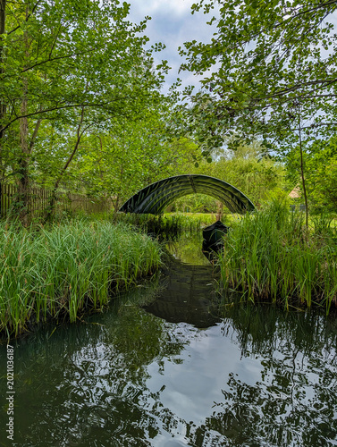 Germany, Brandenburg, Luebbenau, Spreewald-May 9, 2026: Covered canal boat in lush greenery