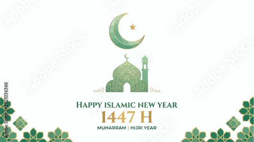Happy Islamic New Year 1448 celebration with mosque and crescent moon