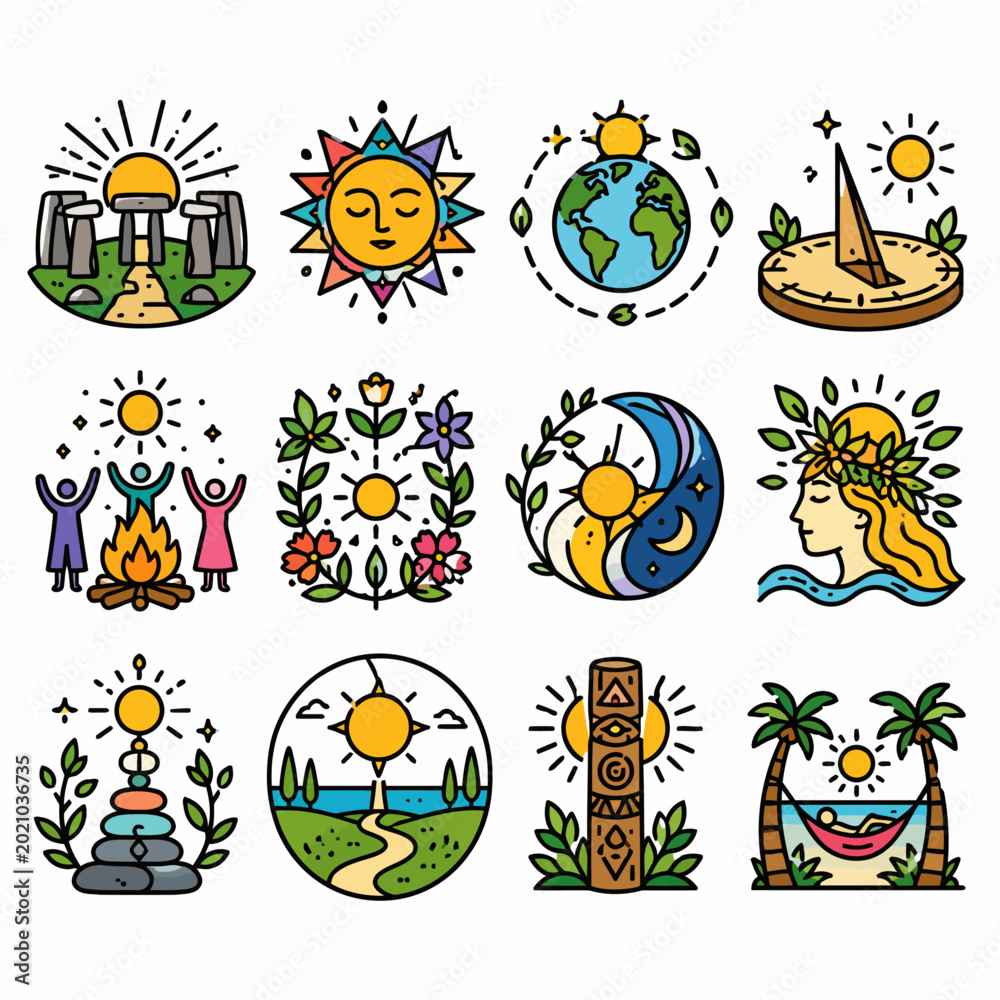 Obraz premium Abstract Solar Geometry Icon Set – Summer Solstice Theme, Minimal Flat Vector with Thick Black Line Art