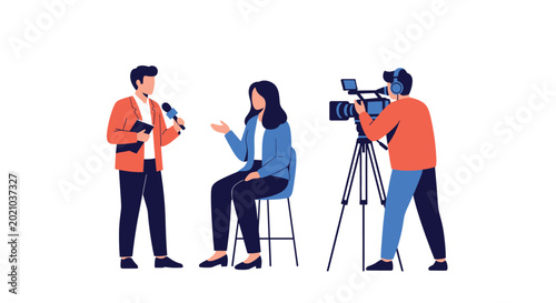 Professional news crew conducting an outdoor interview with a woman sitting on a chair while a cameraman records the live broadcast session.