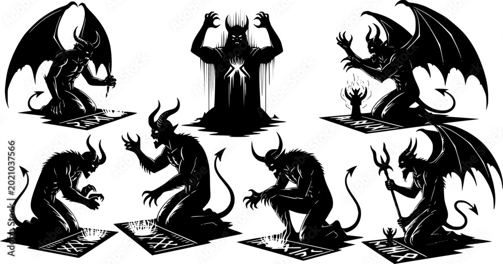 Obraz premium Collection of dark fantasy demon and devil silhouettes performing rituals and kneeling in worship, menacing monster, isolated on white background 