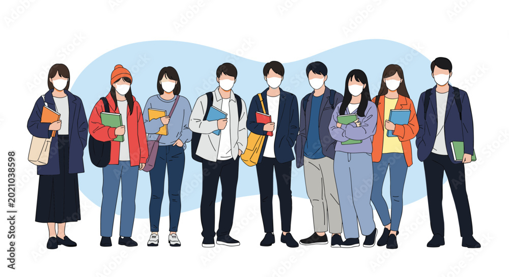 Obraz premium Group of diverse university students wearing protective face masks and carrying books while standing against a blue background.