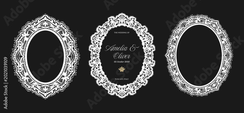 Elegant lace oval frames with vintage ornate borders and floral embroidery patterns, perfect for wedding invitations and decorative baroque designs