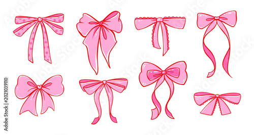 Foto Cute pink bow ribbon set, coquette vector illustration - girly doodle clipart wi