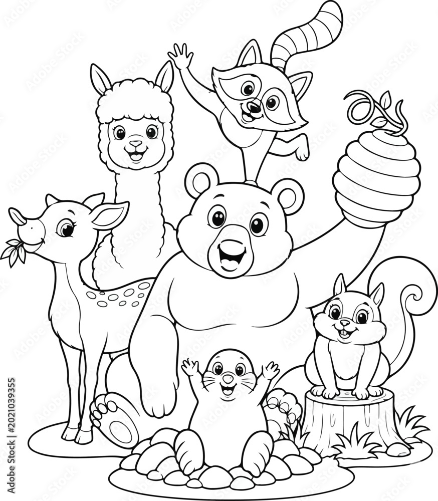 Obraz premium Group of happy cartoon forest animals playing together