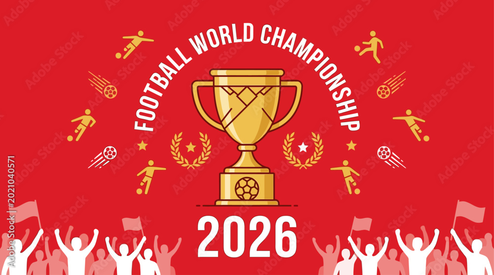 Fototapeta premium Soccer cup red background, football world championship 2026, vector illustration