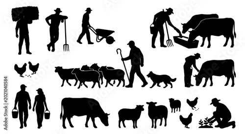 Bild auf Leinwand Farm Life Silhouettes: Farmers, Livestock, and Rural Activities Vector Set, Agri