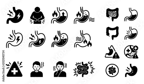 Foto Collection of stomach ache, digestion and gut health silhouette icons