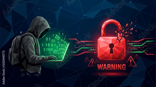 Cyber security threat concept with hacker silhouette in low poly style. Glowing red lock icon on dark digital background symbolizes online fraud and cyber attack danger. Vector illustration