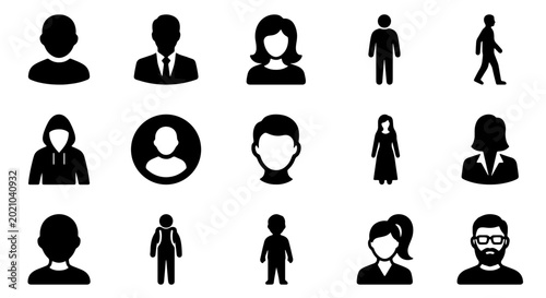 Bild auf Leinwand Diverse Human Silhouette Icons Set, Business and Casual People Vector Graphics,