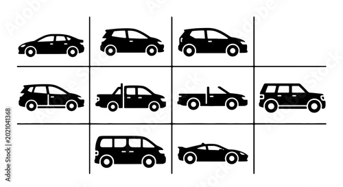 Fotografie Diverse Car Icons Collection, Modern Automotive Silhouettes, Vehicle Set for Tra