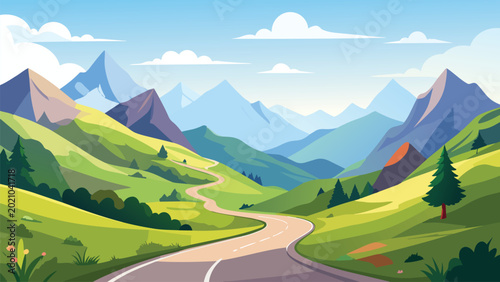 Photos Scenic mountain valley vector illustration with winding road, green hills, pine trees and blue sky in modern flat design style featuring peaceful countryside nature scenery