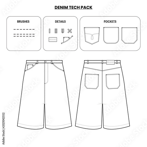 editable denim technical drawing illustrator file with usable single and double stitch as brush definition. 3 pocket designs and denim jeans details.