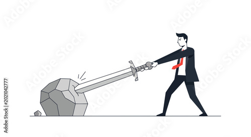 Bild auf Leinwand Businessman cuts rock with sword, symbolizing overcoming obstacles and business
