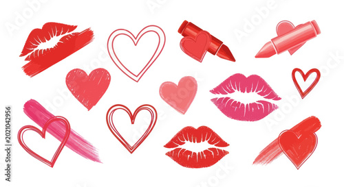 Tableau sur toile Valentine's Day Icons: Kisses, Hearts, and Lipstick Smudges - Red and Pink Graph
