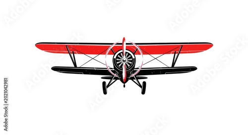 Vintage Biplane Aircraft Front View Red and Black Retro Flying Transportation