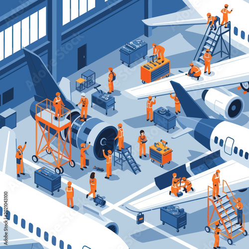 Aircraft Maintenance and Repair in a Modern Hangar.