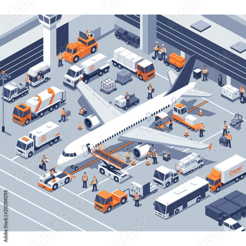 Airplane and Ground Crew at Airport During Operations.