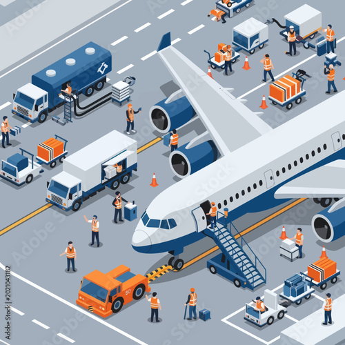 Airplane Loading and Unloading at Airport Tarmac with Ground Crew and Vehicles.