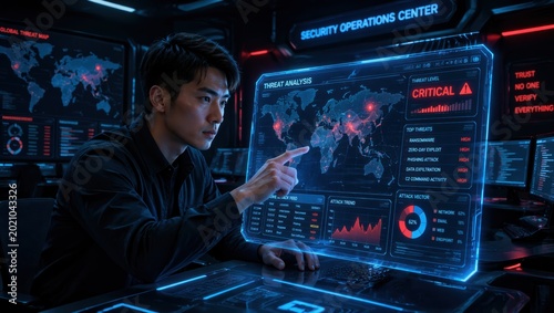 Detailed portrait of an Asian male cybersecurity expert analyzing complex threat data on futuristic glowing holographic screens in a high-tech dark command center for network security.