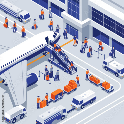 Billede på lærred Airport Scene with Airplane Passengers and Luggage Handling.