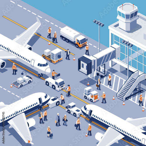 Canvas Print Airport scene with airplanes and ground crew activity.