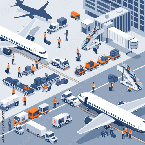 Airport scene with airplanes and ground crew activity.