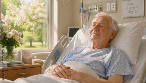 An elderly man rests peacefully in a modern hospital ward, his expression calm as soft spring light enters through the glass, representing quiet recovery and high-quality healthcare in a nursing home.