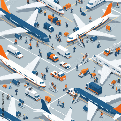 Busy Airport Scene with Airplanes and Ground Crew Activity.