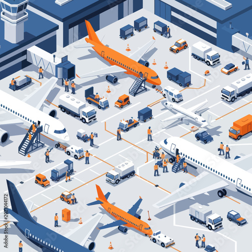 Busy Airport Scene With Airplanes And Ground Crew Working.