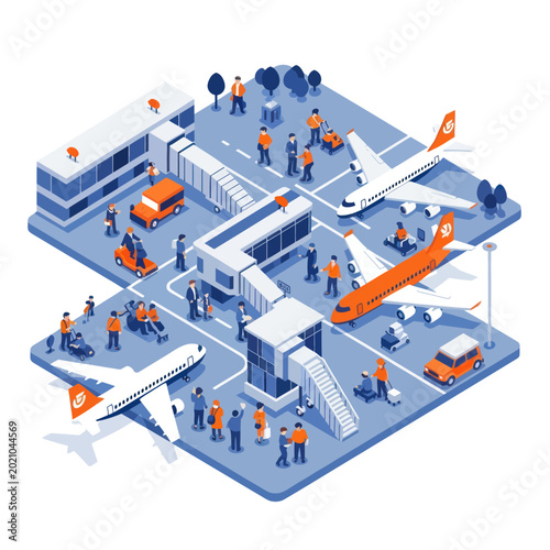 Obraz na płótnie Isometric Airport Scene with Airplanes and Passengers.
