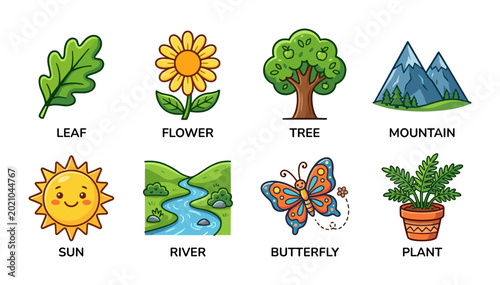 Foto Cute cartoon set of nature objects including leaf, flower, tree, mountain, sun,