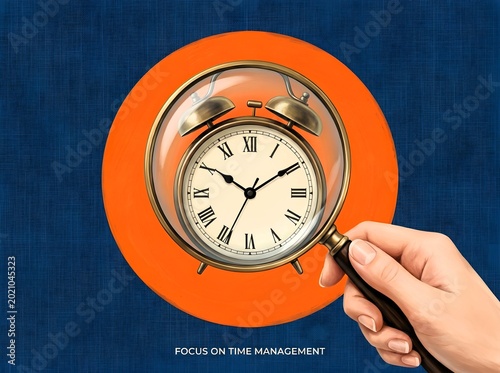 Time management concept with magnifying glass focusing on a vintage alarm clock